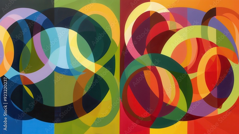 Bold rings in varied colors overlap, creating dynamic patterns and energizing visuals in this contemporary artwork Bold rings in varied colors overlap, creating dynamic patterns and energizing visuals in this contemporary artwork