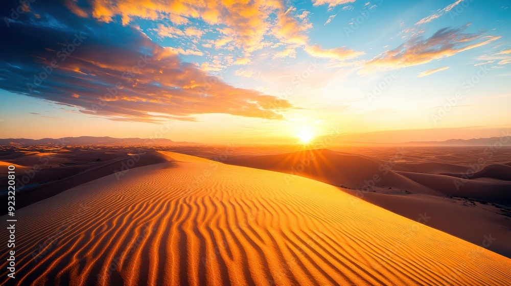 Warm sunlight breaks over the horizon, casting a golden glow on undulating sand dunes, creating a magical moment in the tranquil desert Warm sunlight breaks over the horizon, casting a golden glow on undulating sand dunes, creating a magical moment in the tranquil desert