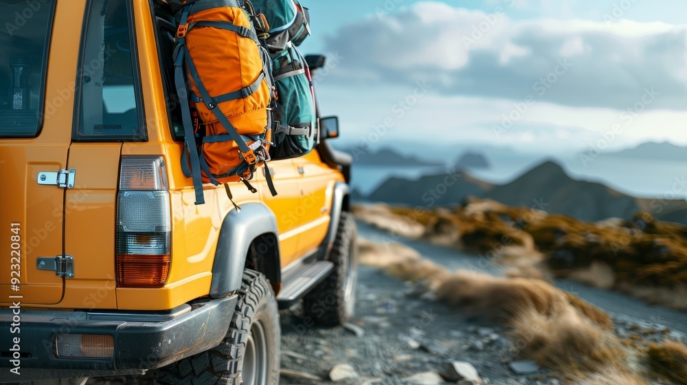 Scenic spot with vehicle, hiking gear, road trip stop, nature adventure, copy space, focus on objects, deep depth of field. Scenic spot with vehicle, hiking gear, road trip stop, nature adventure, copy space, focus on objects, deep depth of field.