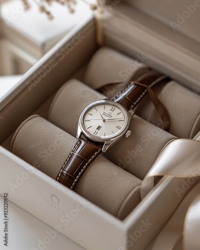 Elegant wristwatch with a brown leather strap, displayed in a luxurious gift box with a soft