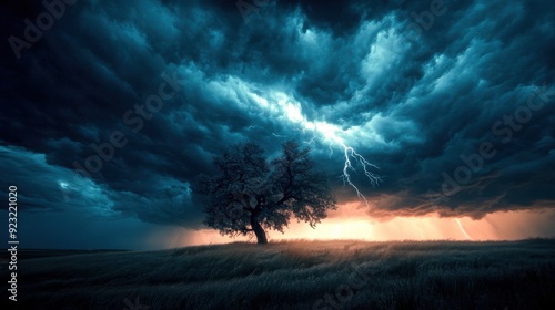 Brilliant flashes of lightning cut through ominous clouds, revealing a lone tree in a vast, windswept field just before nightfall