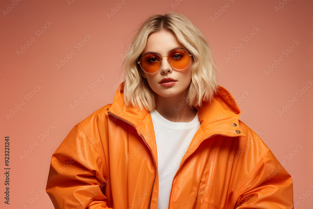 A woman in an orange jacket and sunglasses A woman in an orange jacket and sunglasses