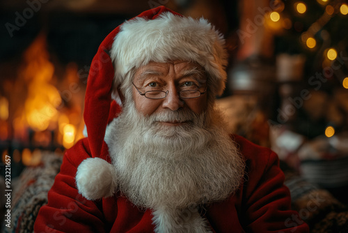Santa claus behind a fireplace