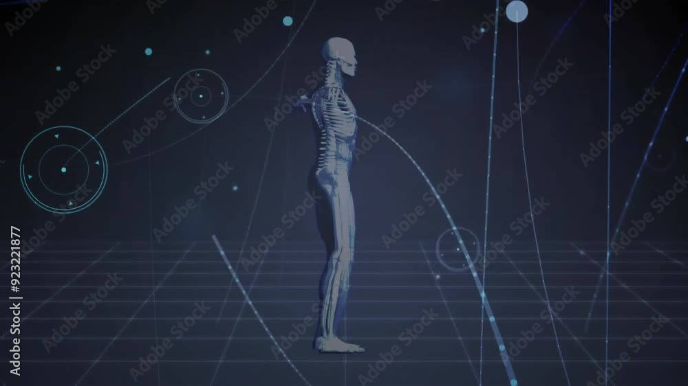 Human skeleton with arms outstretched, surrounded by scientific data animation Human skeleton with arms outstretched, surrounded by scientific data animation
