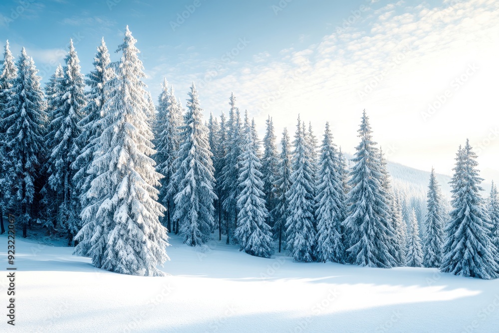 Snow-draped evergreen trees shimmer under the soft light of dawn in a tranquil winter landscape Snow-draped evergreen trees shimmer under the soft light of dawn in a tranquil winter landscape
