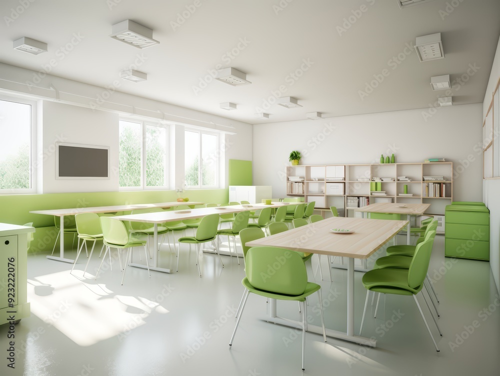 Bright and airy classroom with green accents and large windows, featuring a long table with chairs and a bookshelf. Bright and airy classroom with green accents and large windows, featuring a long table with chairs and a bookshelf.