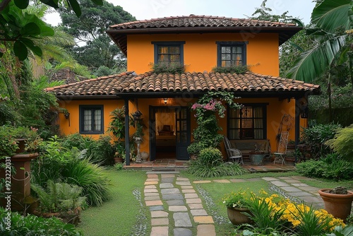 House in the garden with plants and flowers on the terrace, entrance