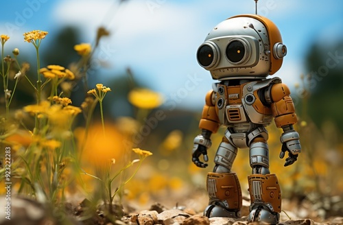 A robot standing in a field with a betterfly photo