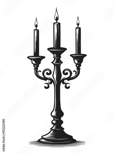 Hand drawn vintage candles in bronze candlestick. Black and white vector illustration