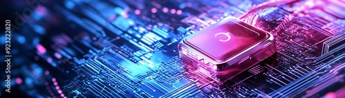 A vibrant close-up of a circuit board featuring a glowing processor chip in pink and blue hues, symbolizing advanced technology. photo