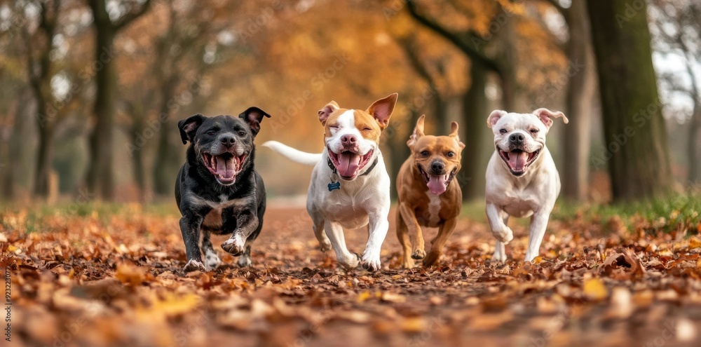 Multiple dogs bark and interact during a socialization walk in the park, with autumn leaves scattered on the ground. Multiple dogs bark and interact during a socialization walk in the park, with autumn leaves scattered on the ground.