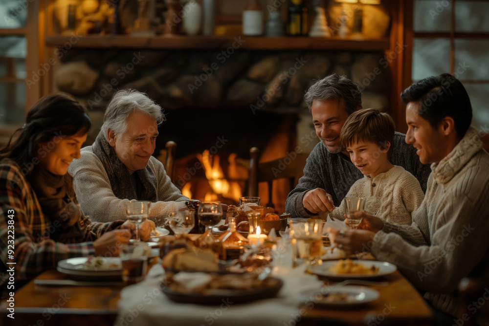Fototapeta premium Whole family having dinner behind a fireplace
