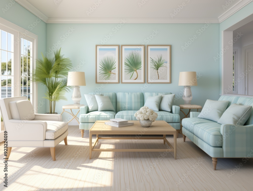 Fototapeta premium Light and airy living room with a blue sofa, white armchair, and three framed prints of palm leaves.