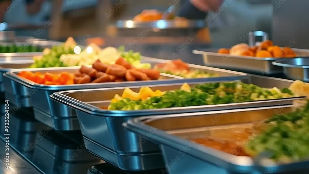 Trays on the buffet line are heated and ready to be served. Food catering banquet in a hotel with buffets for breakfast and lunch. Trays on the buffet line are heated and ready to be served. Food catering banquet in a hotel with buffets for breakfast and lunch.