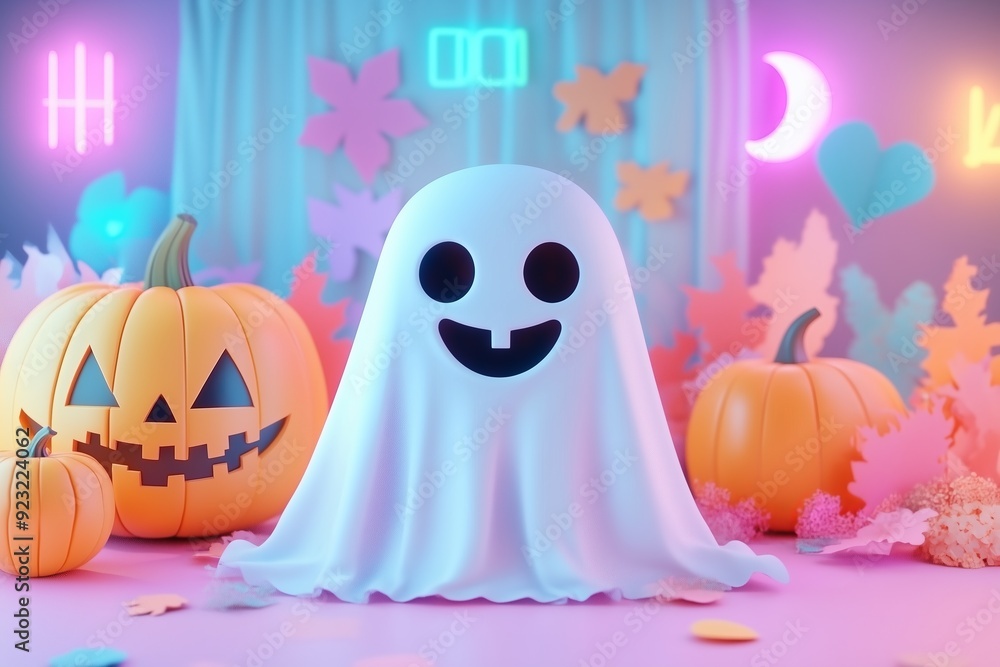 Obraz premium Halloween 3D cartoon of cute sheet ghost, pumpkin and paper cut out shapes in the background. pastel color, neon light effect