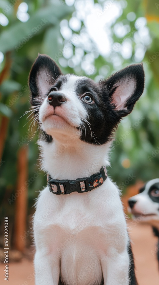 A puppy barks nervously while being introduced to a group of older dogs for socialization, receiving gentle guidance A puppy barks nervously while being introduced to a group of older dogs for socialization, receiving gentle guidance