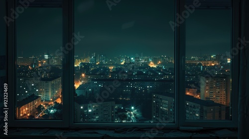 View of the night city through the window. Dark and melancholic atmosphere.