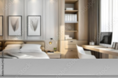 Empty stone top table with blurred bedroom interior Background, for product display.