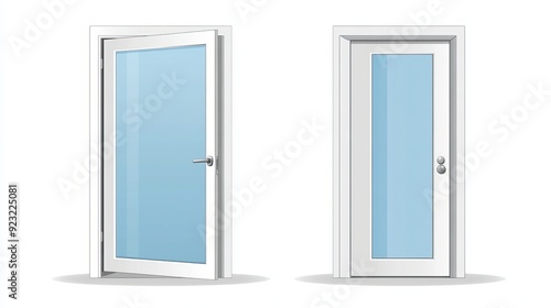 Vector Plastic Door. Interior Doors and Windows for the Home. Both open and closed. Glass Door Made of Plastic. Conserving energy. Illustration: Isolated on White Background