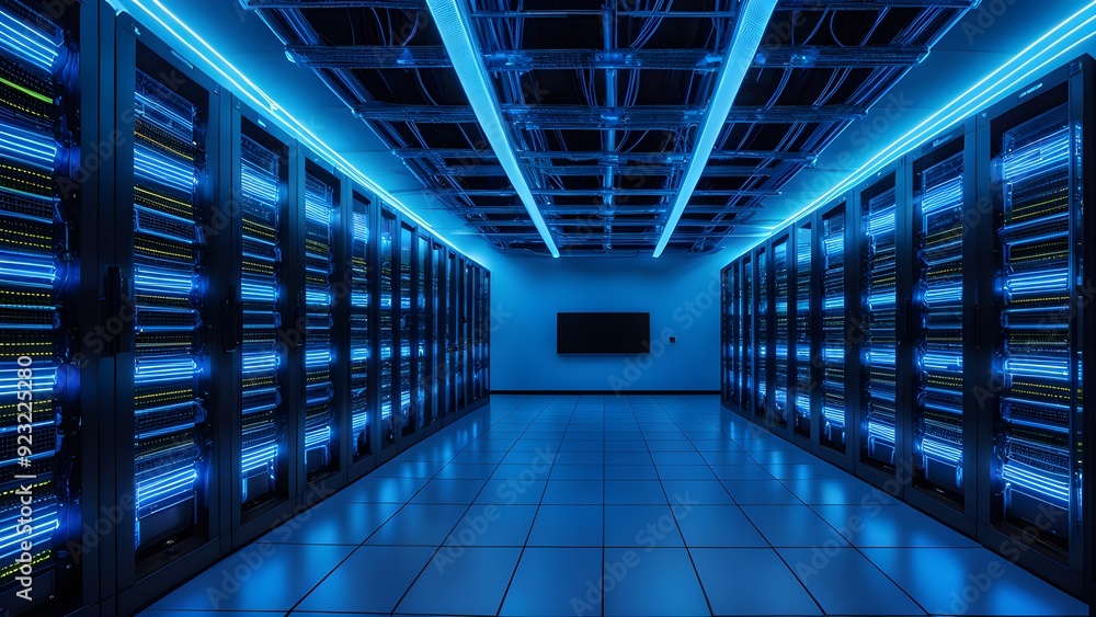 A large room with many computer servers and a television A large room with many computer servers and a television