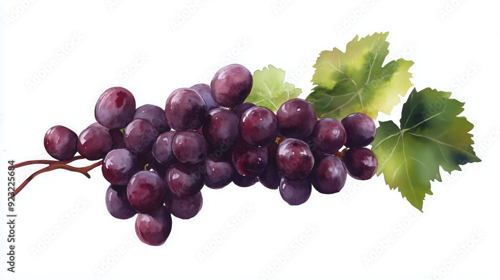 Fototapeta premium Vivid illustration of a bunch of dark purple grapes with green leaves, capturing the rich colors and textures, ideal for culinary and agricultural themes.