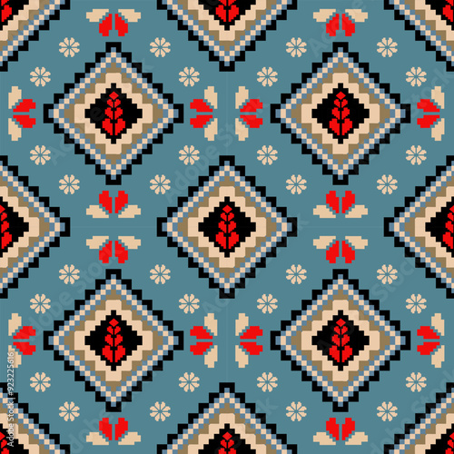 Seamless pattern,Geometric Ethnic pattern, Native American tribal fabric, tile, carpet, vector,red, blue, black, and beige colors, perfect for vintage-style textiles