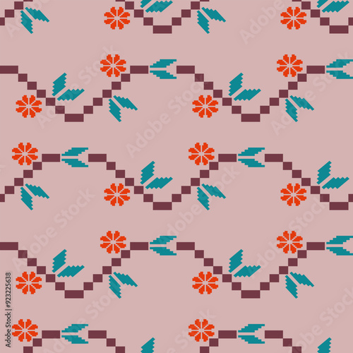 seamless Pixel art tribal pattern featuring geometric ethnic designs in traditional folk motif style, with orange, green colors, perfect for vintage-style textiles, fabrics, wallpapers