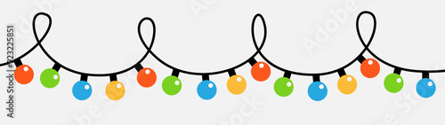 Christmas lights set. Lightbulb glowing garland line. Colorful string fairy light. Round shape. Cartoon holiday festive xmas decoration. Rainbow color. Flat design. Isolated. Black background. Vector