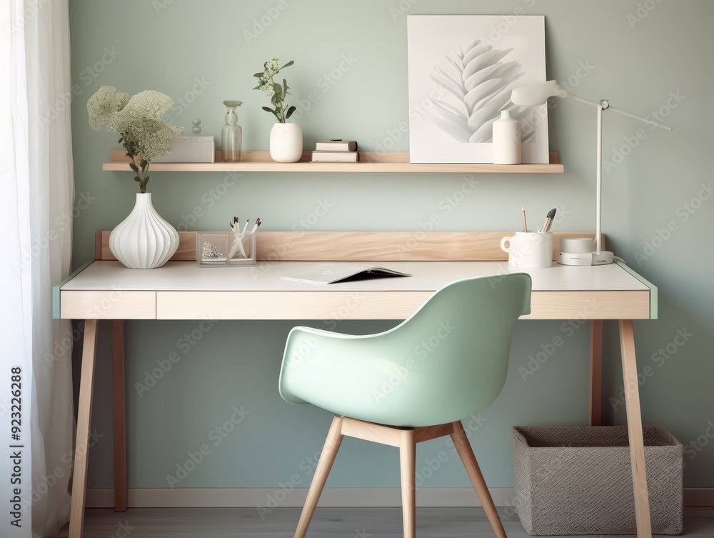 Minimalist home office desk with a green chair and a white lamp. Minimalist home office desk with a green chair and a white lamp.