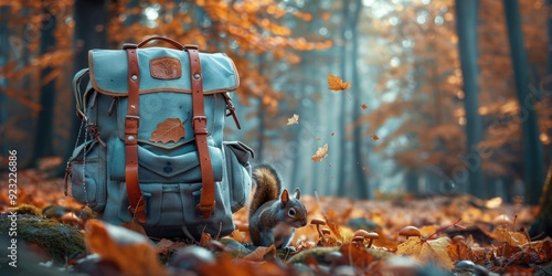 Autumn forest scene featuring a backpack beside a squirrel. Colorful leaves and mushrooms decorate the mossy ground, creating a serene outdoor atmosphere. photo