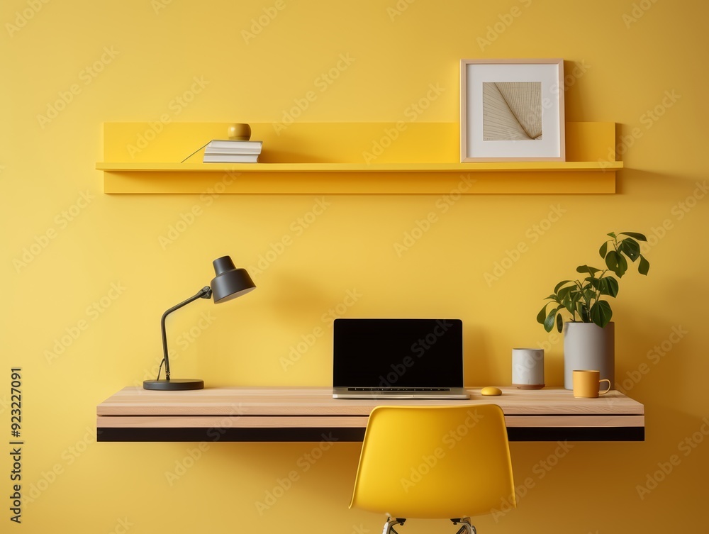 Minimalist home office with yellow desk and chair in front of a yellow wall. Minimalist home office with yellow desk and chair in front of a yellow wall.