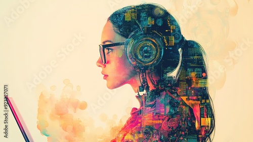 Composite artwork collage image picture of girl use laptop chat gpt ai robot isolated on creative background