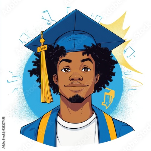 A young brownskinned male in a blue and gold graduation gown proudly sports a stylish graduation cap amid a dynamic basketball setting. photo