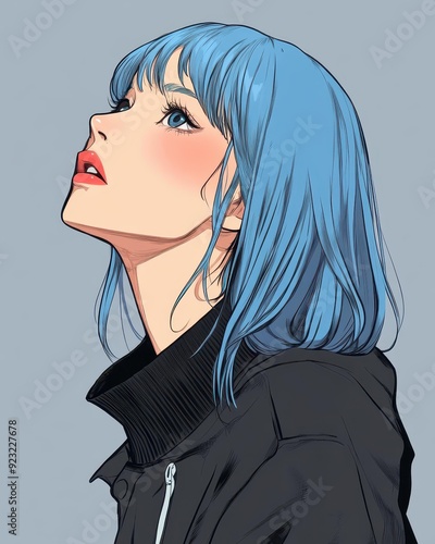 Vibrant comicstyle art features a bluehaired girl in a black jacket, gazing upwards with captivating charm. photo