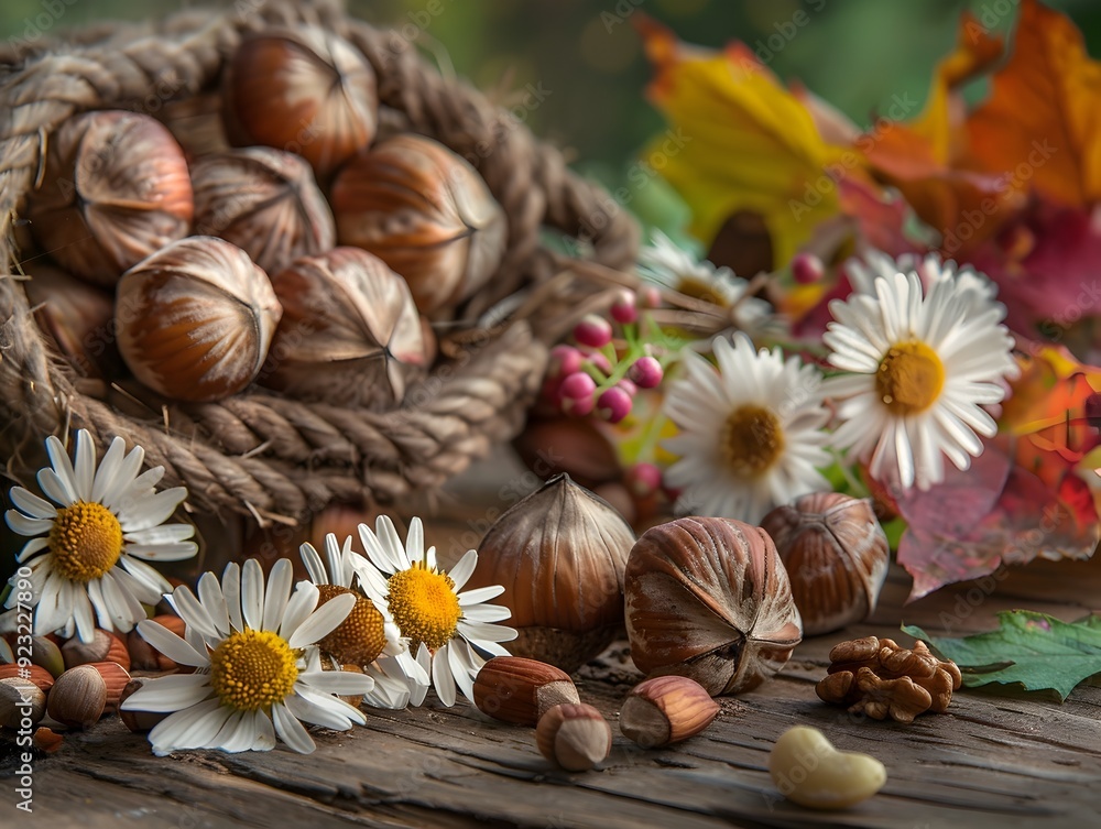 Hazelnuts and Daisies on Wooden Background. Hazelnuts and Daisies on Wooden Background.