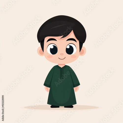 A sleek, flat icon of a Muslim boy dressed in a dark green outfit, featuring a sculpted, gridbased design. photo