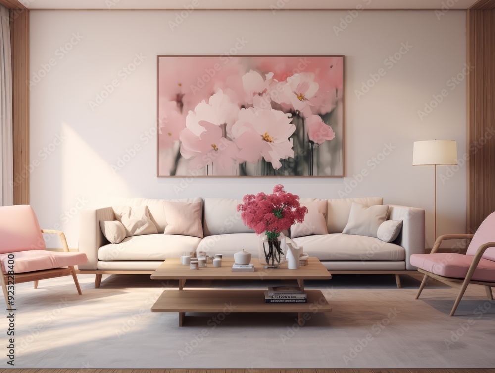 Minimalist living room interior with a white couch, pink chairs, a wooden coffee table, and a large floral painting on the wall. Minimalist living room interior with a white couch, pink chairs, a wooden coffee table, and a large floral painting on the wall.