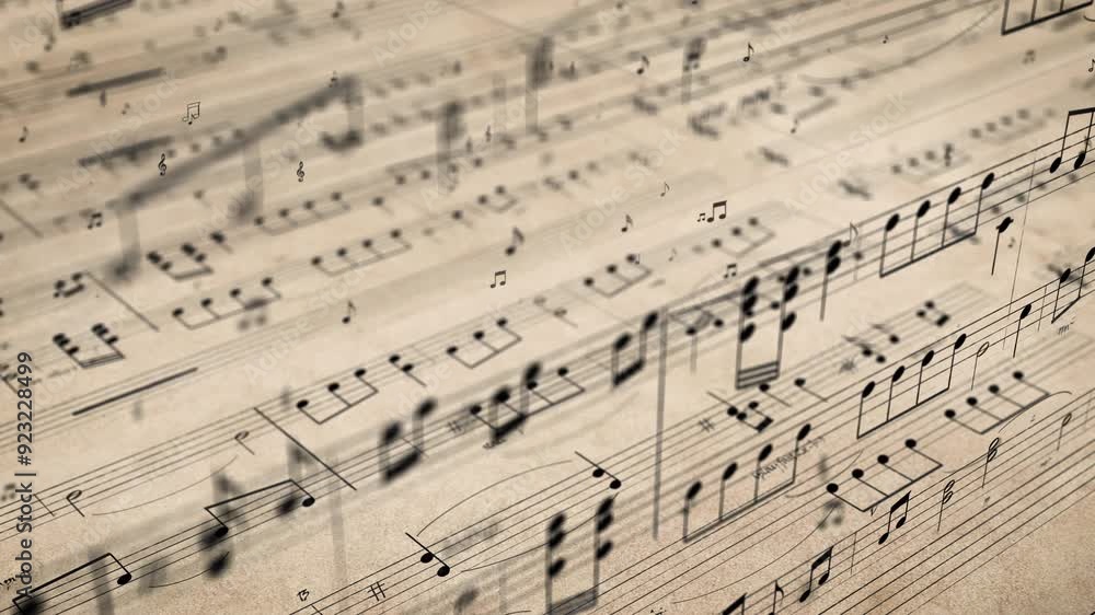 Gentle slow tracking shot over old sheet music with notes dancing on the lines, single notes flying through the air, retro music piece, depth of field animation Gentle slow tracking shot over old sheet music with notes dancing on the lines, single notes flying through the air, retro music piece, depth of field animation