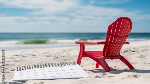 A red beach chair on a white calendar symbolizes vacation time. It's a period for relaxation, where employees are granted paid time off (PTO) by their employer.