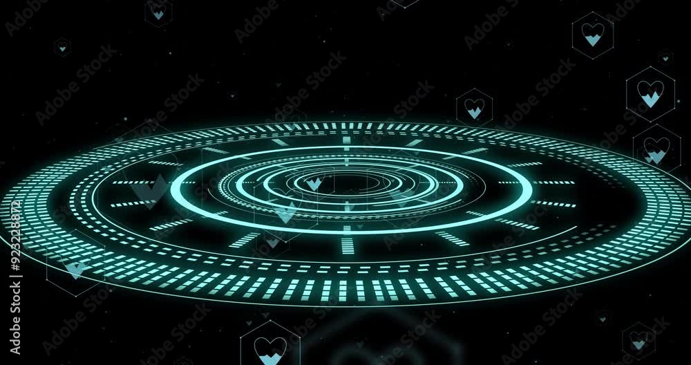Rotating digital rings with heart icons, futuristic health monitoring ...
