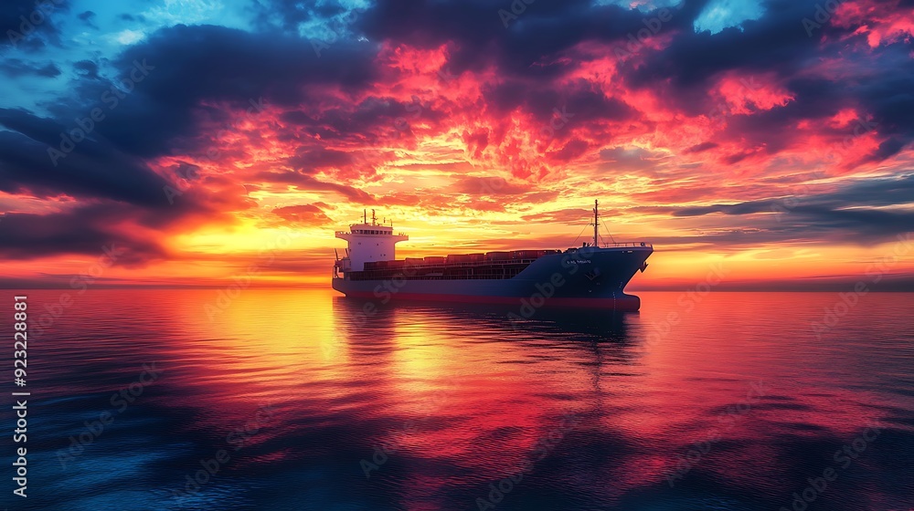 A dramatic sunset over a cargo ship at sea, with vibrant colors reflecting on the water. A dramatic sunset over a cargo ship at sea, with vibrant colors reflecting on the water.