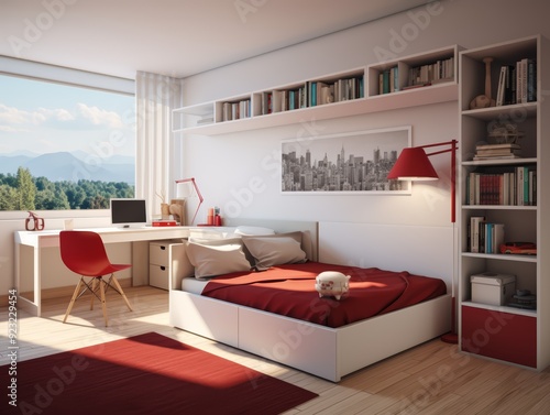 Modern bedroom interior with a bed, desk, and bookshelf, overlooking a mountain view.