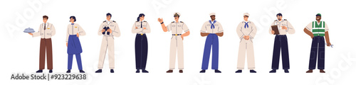 Ship's crew set. Sailing personnel, maritime staff in uniform. Marine team, captain, navigator, sailor, officer, boatswain, service worker. Flat vector illustration isolated on white background