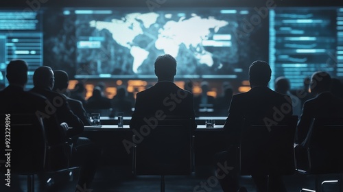 Wallpaper Mural Experts gather around a table to discuss digital currency trends in a high-tech conference room filled with data displays Torontodigital.ca