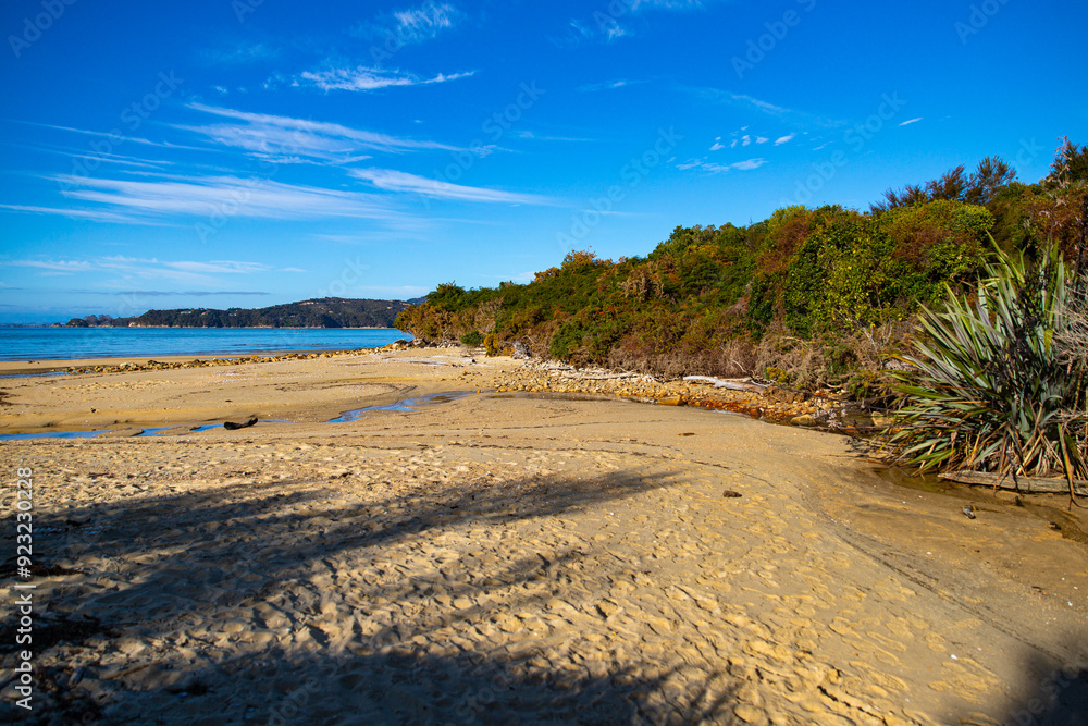 panorama of Sandy Bay in Abel Tasman National Park, New Zealand South Island; start of famous coastal trail in Marahau panorama of Sandy Bay in Abel Tasman National Park, New Zealand South Island; start of famous coastal trail in Marahau