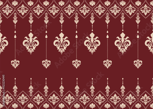 Classic Damask Seamless Pattern - Vector Illustration for Elegant Textile Design , cream color on drak red backgound