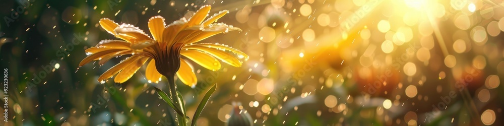 Calendula flower flourishing in the rain, adorned with sunlight and water droplets on its petals Calendula flower flourishing in the rain, adorned with sunlight and water droplets on its petals