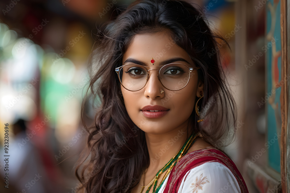 there is a woman with glasses and a necklace standing by a wall there is a woman with glasses and a necklace standing by a wall
