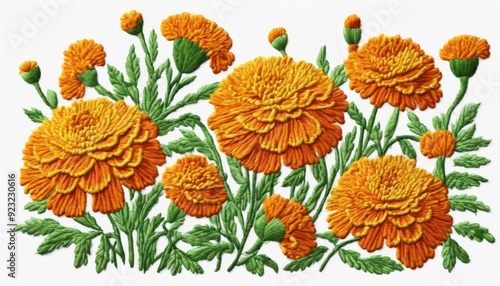 image of embroidered orange marigold flowers on a white background