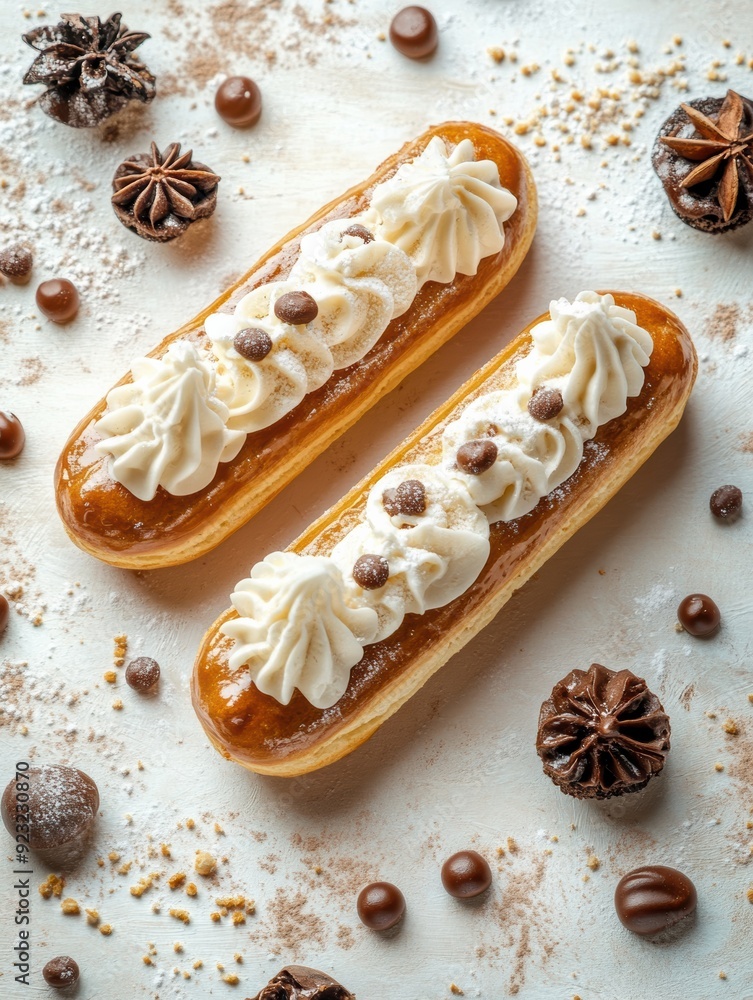 Eclairs are a delicious sweet food. dessert with cream and chocolate. cake filled with custard milk cream and whipped cream. light background, sunlight, copy space. Eclairs are a delicious sweet food. dessert with cream and chocolate. cake filled with custard milk cream and whipped cream. light background, sunlight, copy space.